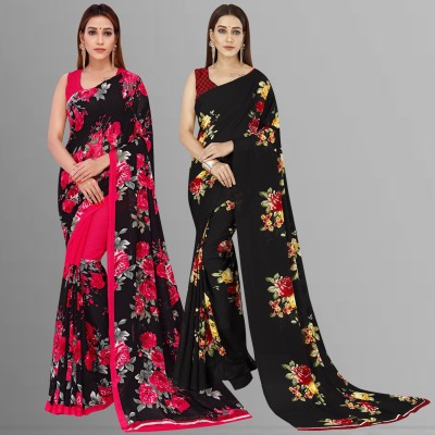 Anand Sarees Floral Print Daily Wear Georgette Saree(Pack of 2, Pink, Black)