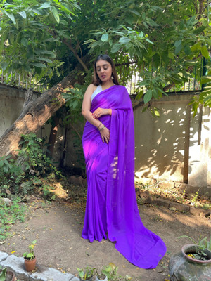 Anand Sarees Dyed, Solid/Plain Bollywood Georgette Saree(Purple)