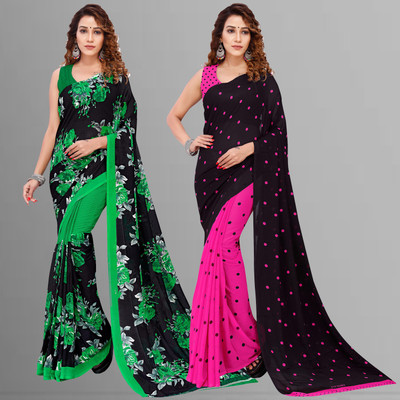 Anand Sarees Floral Print Daily Wear Georgette Saree(Pack of 2, Green, Black, Pink)