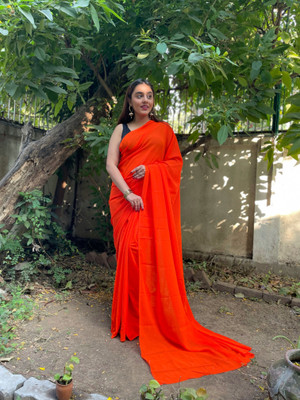 kashvi sarees Solid/Plain Bollywood Georgette Saree(Orange)