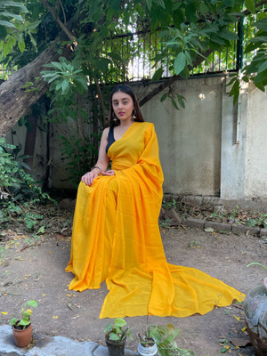 Anand Sarees Solid/Plain Bollywood Georgette Saree(Yellow)