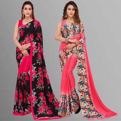 Anand Sarees Floral Print Daily Wear Georgette Saree(Pack of 2, Pink, Black)