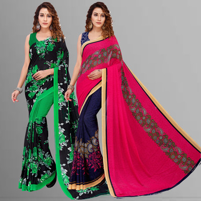kashvi sarees Floral Print Daily Wear Georgette Saree(Pack of 2, Green, Blue, Black, Pink)