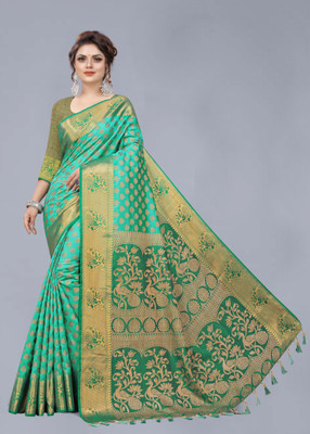 DHRUVIL TEXTILES Self Design Banarasi Cotton Silk Saree(Multicolor)