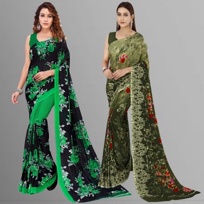 kashvi sarees Floral Print Daily Wear Georgette Saree(Pack of 2, Green, Black)