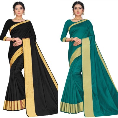 BAPS Self Design, Embellished, Woven, Solid/Plain Bollywood Cotton Blend, Art Silk Saree(Pack of 2, Black, Light Green)