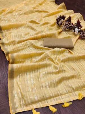 Ruhabs Striped Handloom Pure Cotton Saree(Yellow)