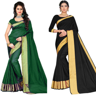 BAPS Self Design, Embellished, Woven, Solid/Plain Bollywood Cotton Blend, Art Silk Saree(Pack of 2, Green, Black)
