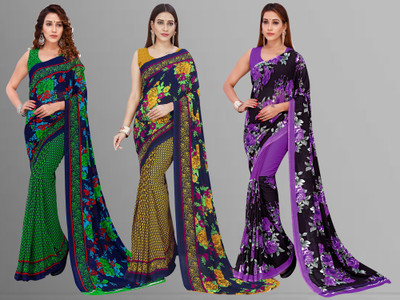 kashvi sarees Printed Bollywood Georgette Saree(Pack of 3, Multicolor)