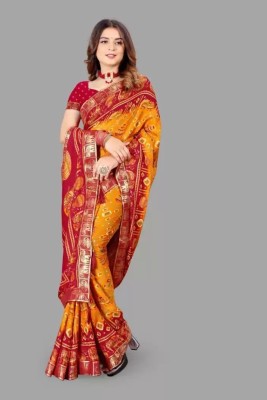 harsaddhi fashion Printed, Applique Banarasi Georgette Saree(Yellow)