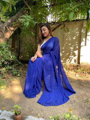 Anand Sarees Solid/Plain Bollywood Georgette Saree(Blue)