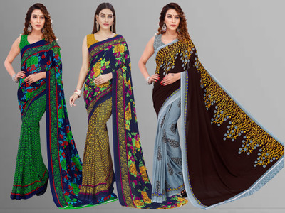 kashvi sarees Printed Bollywood Georgette Saree(Pack of 3, Multicolor)