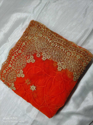 ZIVANTIX Embroidered, Embellished Bollywood Net Saree(Orange)