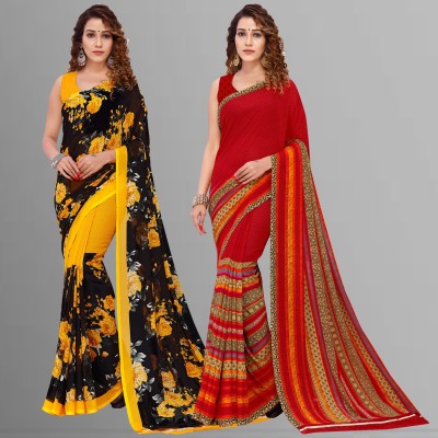 Anand Sarees Floral Print Daily Wear Georgette Saree(Pack of 2, Red, Black, Yellow)