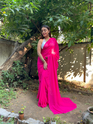 Anand Sarees Dyed, Solid/Plain Bollywood Georgette Saree(Pink)