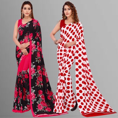 Anand Sarees Floral Print Daily Wear Georgette Saree(Pack of 2, Red, Pink, Black)