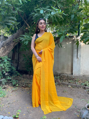 Anand Sarees Dyed, Solid/Plain Bollywood Georgette Saree(Yellow)