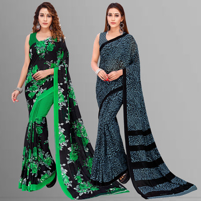 Anand Sarees Floral Print Daily Wear Georgette Saree(Pack of 2, Light Blue, Green, Black)