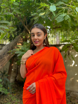 Anand Sarees Dyed, Solid/Plain Bollywood Georgette Saree(Orange)