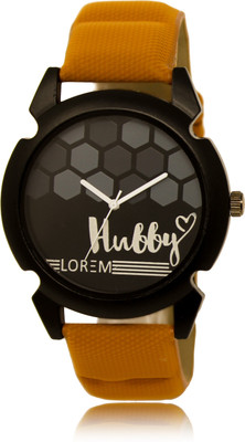 LOREM Black-Orange Round Hubby Designer Leather Analog Watch  - For Men