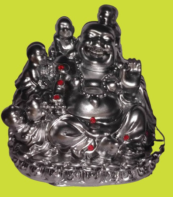 tskutty LAUGHING BUDDHA WITH 5 BABY MONKS SLIVER COLOUR 5CM HEIGHT Decorative Showpiece  -  5 cm(Polyresin, Multicolor)