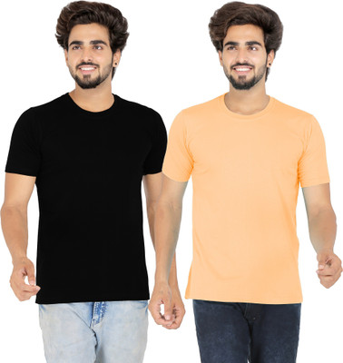 Febue Solid Men Round Neck Black, Orange T-Shirt