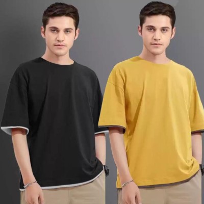CLOFLIX Solid Men Round Neck Black, Yellow T-Shirt