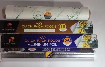 KR's 25 METER ALUMINIUM FOIL AND 15 METER PRINTED BUTTER PAPER Shrinkwrap(Pack of 2, 40 m)