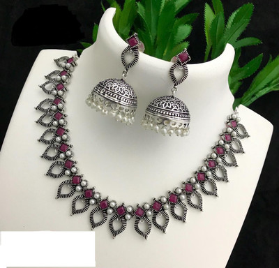 PBM CREATIONS Oxidised Silver Red Jewellery Set(Pack of 1)