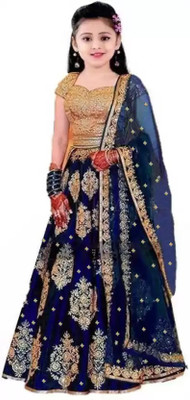 The Fashion Prime Girls Lehenga Choli Ethnic Wear Embroidered Lehenga, Choli and Dupatta Set(Blue, Pack of 1)