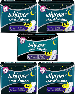 Whisper Maxi Nights XL wings 7+7+15+7+7 pads Sanitary Pad (Pack of 5)