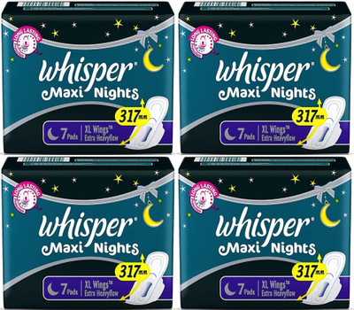 Whisper Maxi Nights XL wings 7+7+7+7 pads Sanitary Pad (Pack of 4)