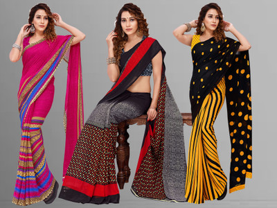 kashvi sarees Printed Bollywood Georgette Saree(Pack of 3, Multicolor)
