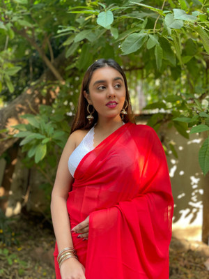 kashvi sarees Solid/Plain Bollywood Georgette Saree(Red)
