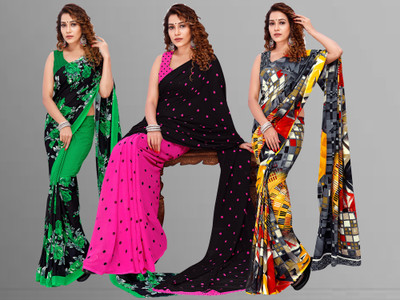 Anand Sarees Printed Bollywood Georgette Saree(Pack of 3, Multicolor)