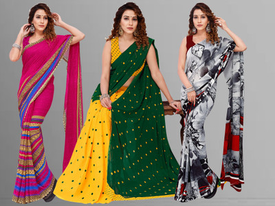 Anand Sarees Printed Bollywood Georgette Saree(Pack of 3, Multicolor)