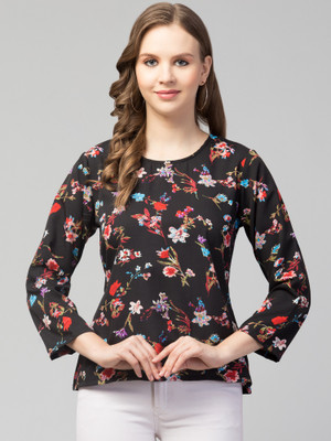 Kulfi Casual Floral Print Women Black Top