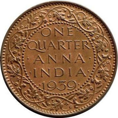 TANTIQUE BRITISH INDIA RARE YEAR *1939* GEORGE VI KING EMPEROR ONE QUARTER ANNA COIN. Modern Coin Collection(1 Coins)