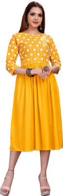 atochi Women Embroidered Flared Kurta(Yellow)