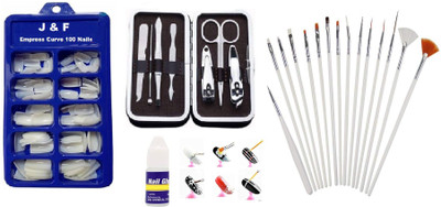 J & F Artificial Nails With Glue And 7 in 1 Manicure Tool Kit & Nail Art Brush Set(White)