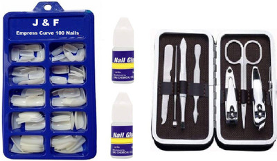 J & F Artificial Nails WIth 2 Glue And 7 in 1 Manicure Tool Kit(White)