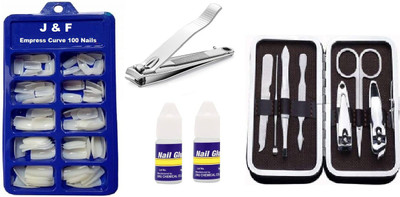 J & F Artificial Nails With 2 Glue And 7 in 1 Manicure Tool Kit & Nail Cutter(White)