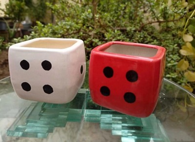 Nayi Umang SMALL LUDO DICE SHAPE CERAMIC PLANTER Plant Container Set(Pack of 2, Ceramic)