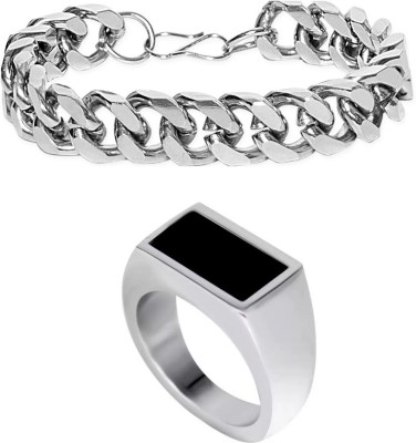 Bellina Trending Silver Plated Chain Bracelet And Ring For Boys And Men (Pack Of 2) Alloy Ring Set