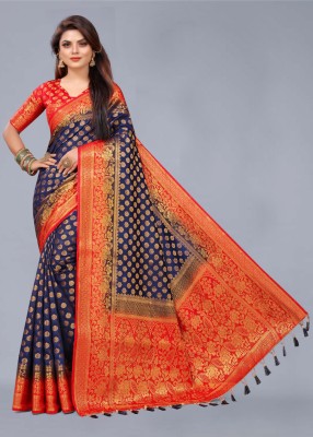 PICKWELL Woven Banarasi Cotton Silk Saree(Blue, Orange)