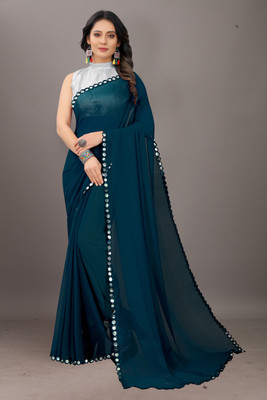 Laddu creation Solid/Plain Bollywood Georgette, Silk Blend Saree(Dark Blue)