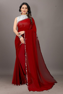 Laddu creation Solid/Plain Bollywood Georgette, Silk Blend Saree(Maroon)