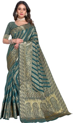 ZECVA Woven Kanjivaram Jacquard, Art Silk Saree(Dark Green)