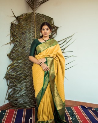 PHEASANT Self Design, Woven, Embellished Paithani Jacquard, Art Silk Saree(Green, Yellow)