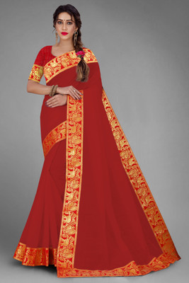 Volmina Solid/Plain Chanderi Cotton Blend Saree(Red)